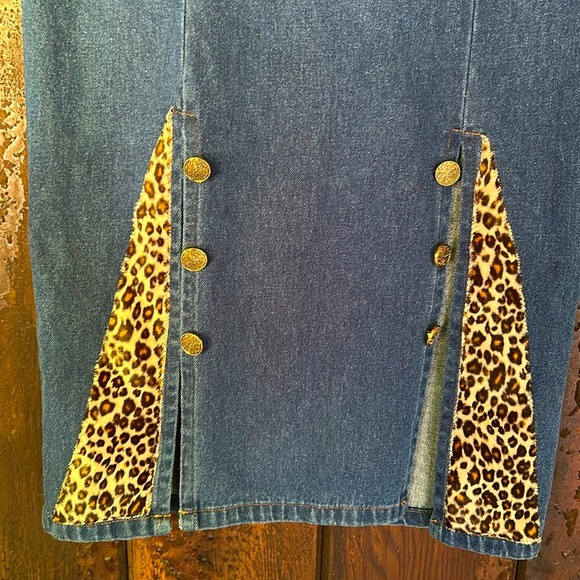 VTG 80s Denim & Leopard Print Maxi Skirt Double Slits Rockabilly Punk Sz Small - Picture 2 of 8